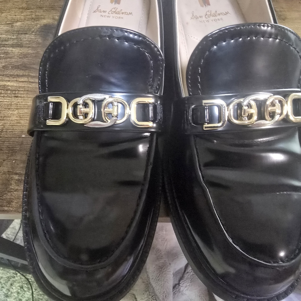 Sam Edelman Black Loafers with Gold Accents - Picture 10 of 13